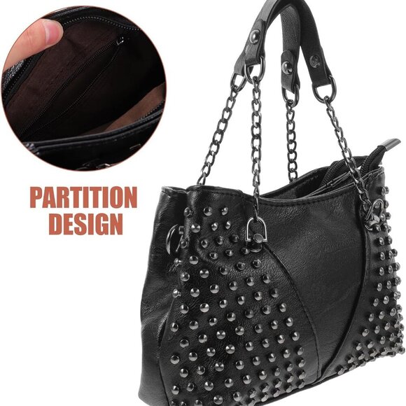 Studded Faux Leather Crossbody Bag Unisex with Chain and Rivets - Picture 4 of 9